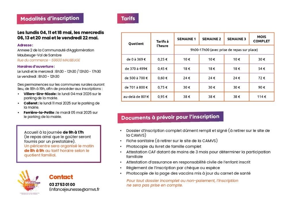 Inscription et tarifs Date accueil de loisirs été 2026