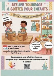 Affiche Atelier tournage et goûter pour enfants Musée la Cour des Potiers Ferrière la Petite