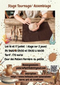 Affiche Poterie Stage tournage et assemblage Musée la Cour des Potiers Ferrière la Petite