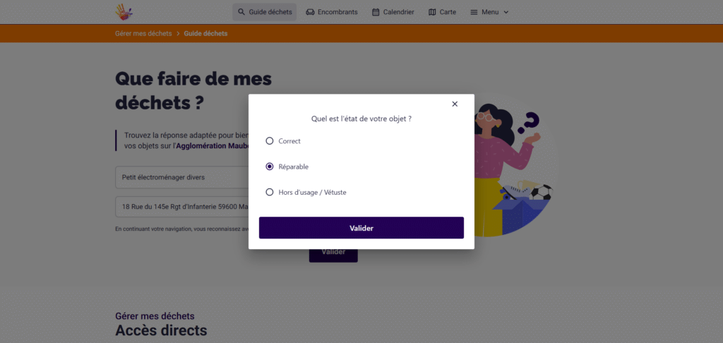 Choix de l’état de l’objet à réparer sur la plateforme déchets